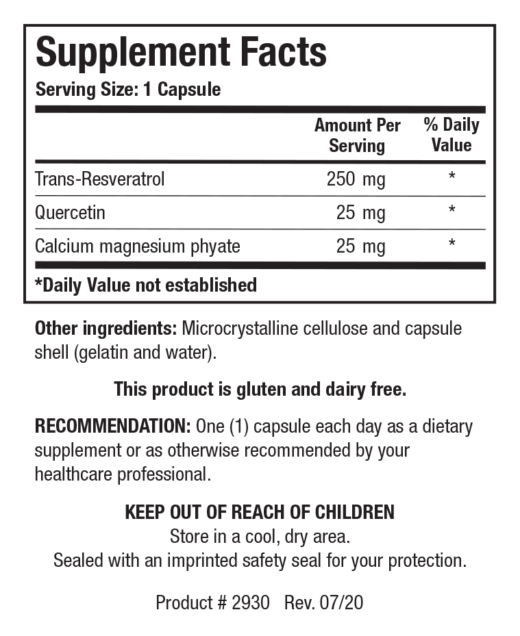 Supplement Facts label for ResveraSirt-HP showing a serving size of 1 capsule, detailing 250 mg Trans-Resveratrol, 25 mg Quercetin, and 25 mg Calcium magnesium phytate per serving.