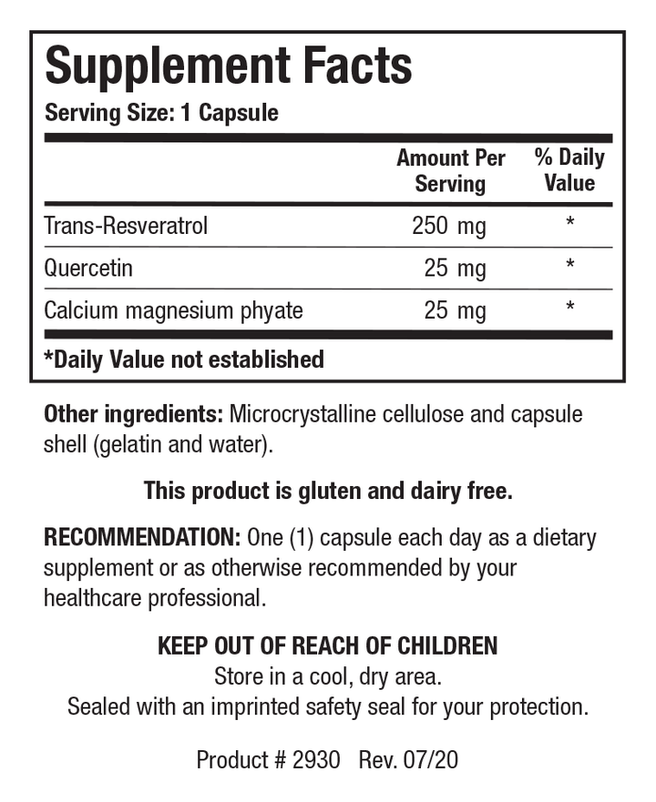 Supplement Facts label for ResveraSirt-HP showing a serving size of 1 capsule, detailing 250 mg Trans-Resveratrol, 25 mg Quercetin, and 25 mg Calcium magnesium phytate per serving.