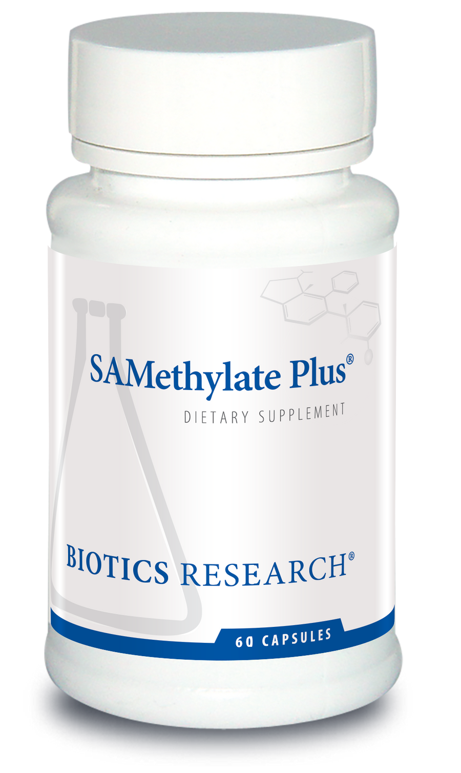 Biotics Research SAMethylate Plus dietary supplement bottle featuring white packaging with blue accents, a beaker graphic, and 60 capsules count.