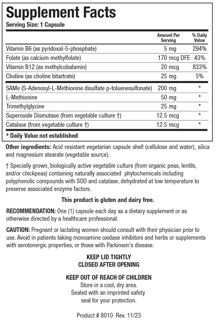 Supplement Facts label for SAMethylate Plus showing a serving size of 1 capsule, detailing Vitamin B6, Folate, Vitamin B12, Choline, SAMe, L-Methionine, Trimethylglycine, Superoxide Dismutase, and Catalase.