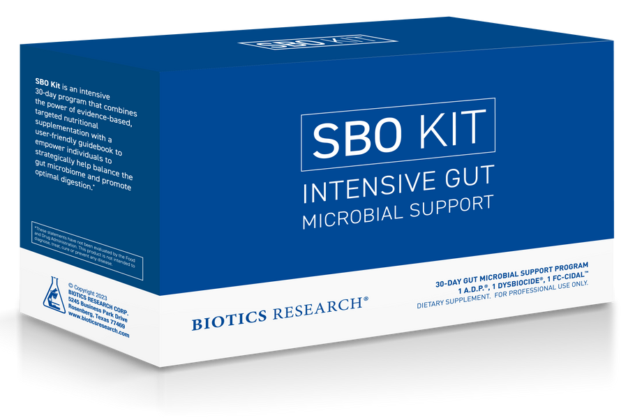 Biotics Research SBO Kit Intensive Gut Microbial Support supplement box in blue and white, featuring a 28-day gut microbial support program.