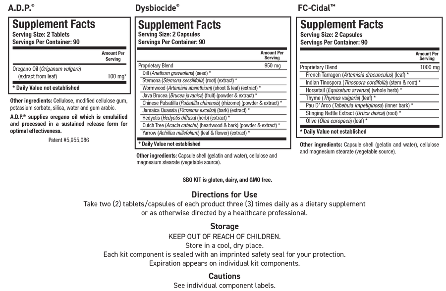 Supplement Facts label for SBO Kit showing panels for A.D.P. (100 mg Oregano Oil per 2 tablets), Dysbiocide (950 mg Proprietary Blend per 2 capsules), and FC-Cidal (1000 mg Proprietary Blend per 2 capsules).