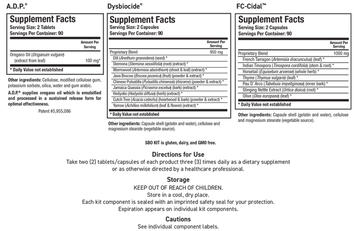 Supplement Facts label for SBO Kit showing panels for A.D.P. (100 mg Oregano Oil per 2 tablets), Dysbiocide (950 mg Proprietary Blend per 2 capsules), and FC-Cidal (1000 mg Proprietary Blend per 2 capsules).