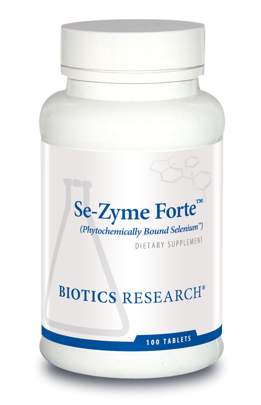 Biotics Research Se-Zyme Forte dietary supplement bottle featuring white packaging with blue accents, a beaker graphic, and 100 tablets count.