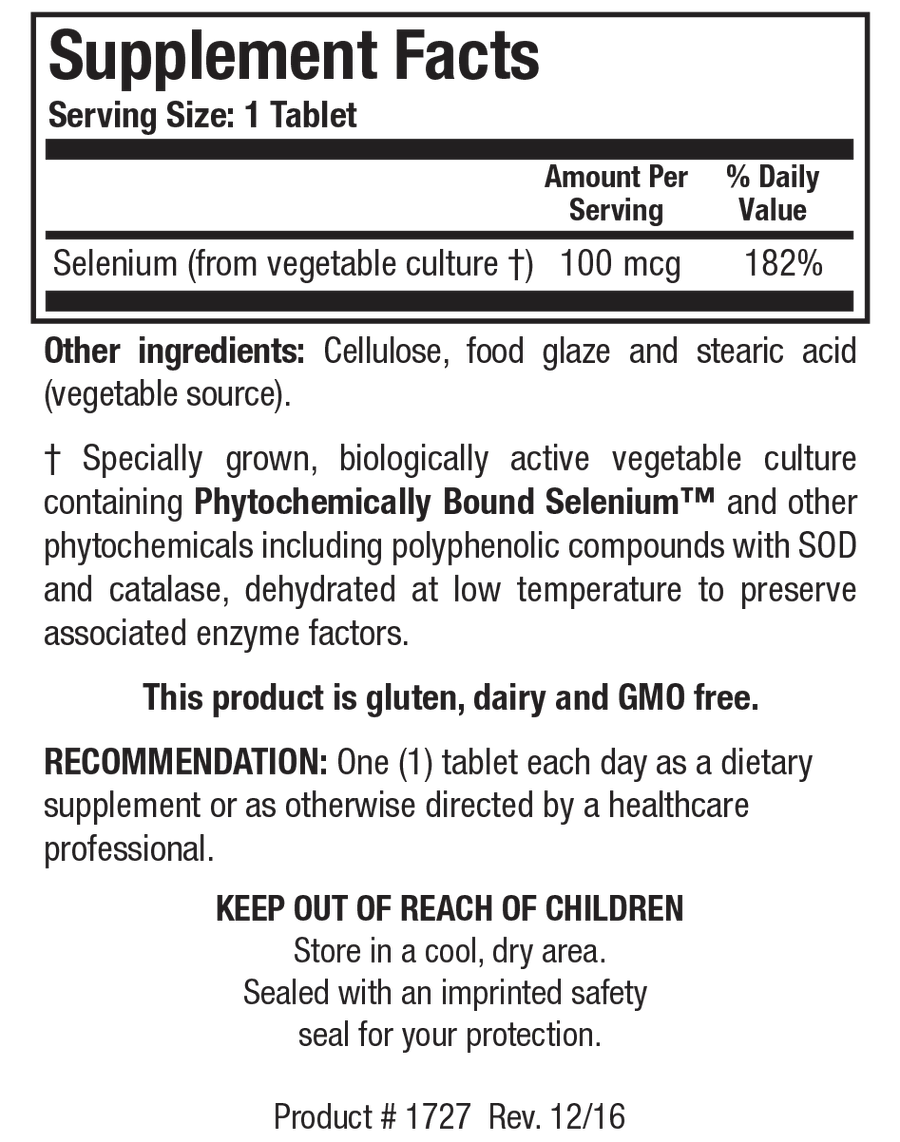 Supplement Facts label for Se-Zyme Forte showing a serving size of 1 tablet, detailing 100 mcg Selenium (from vegetable culture) at 182% Daily Value.