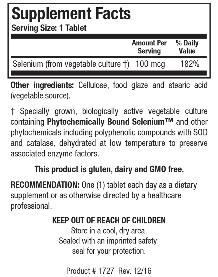 Supplement Facts label for Se-Zyme Forte showing a serving size of 1 tablet, detailing 100 mcg Selenium (from vegetable culture) at 182% Daily Value.