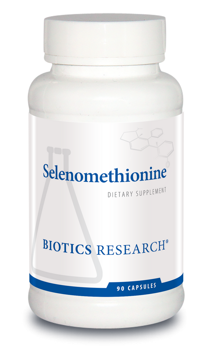 Biotics Research Selenomethionine dietary supplement bottle featuring white packaging with blue accents, a beaker graphic, and 90 capsules count.