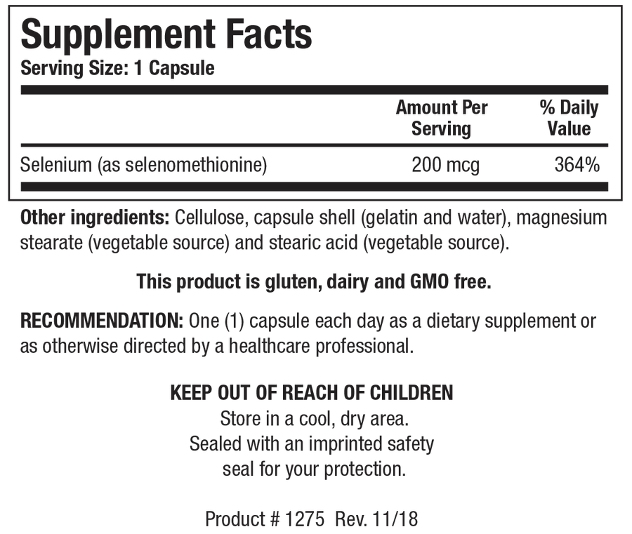 Supplement Facts label for Selenomethionine showing a serving size of 1 capsule, detailing 200 mcg Selenium (as selenomethionine) at 364% Daily Value.