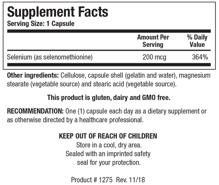 Supplement Facts label for Selenomethionine showing a serving size of 1 capsule, detailing 200 mcg Selenium (as selenomethionine) at 364% Daily Value.