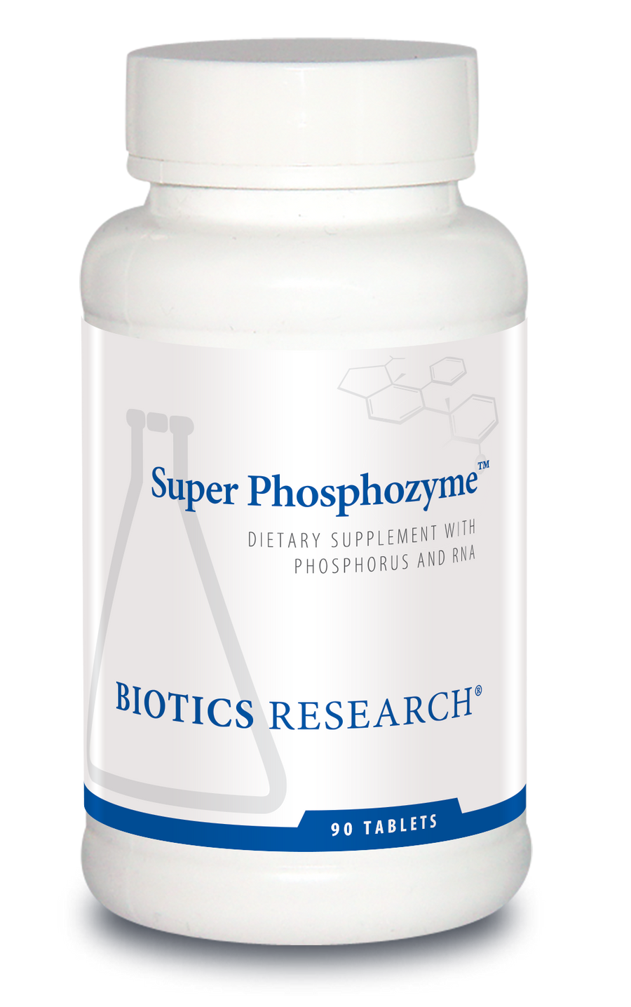 Biotics Research Super Phosphozyme dietary supplement bottle featuring white packaging with blue accents, a beaker graphic, and 90 tablets count.