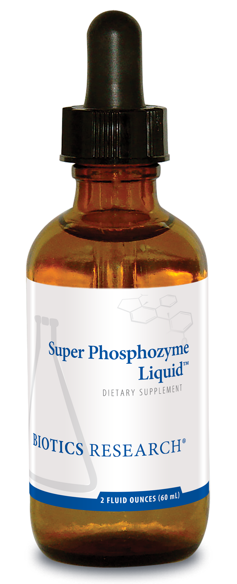 Biotics Research Super Phosphozyme Liquid dietary supplement amber glass dropper bottle featuring white packaging with blue accents, a beaker graphic, and 2 fluid ounces (60 mL) volume.