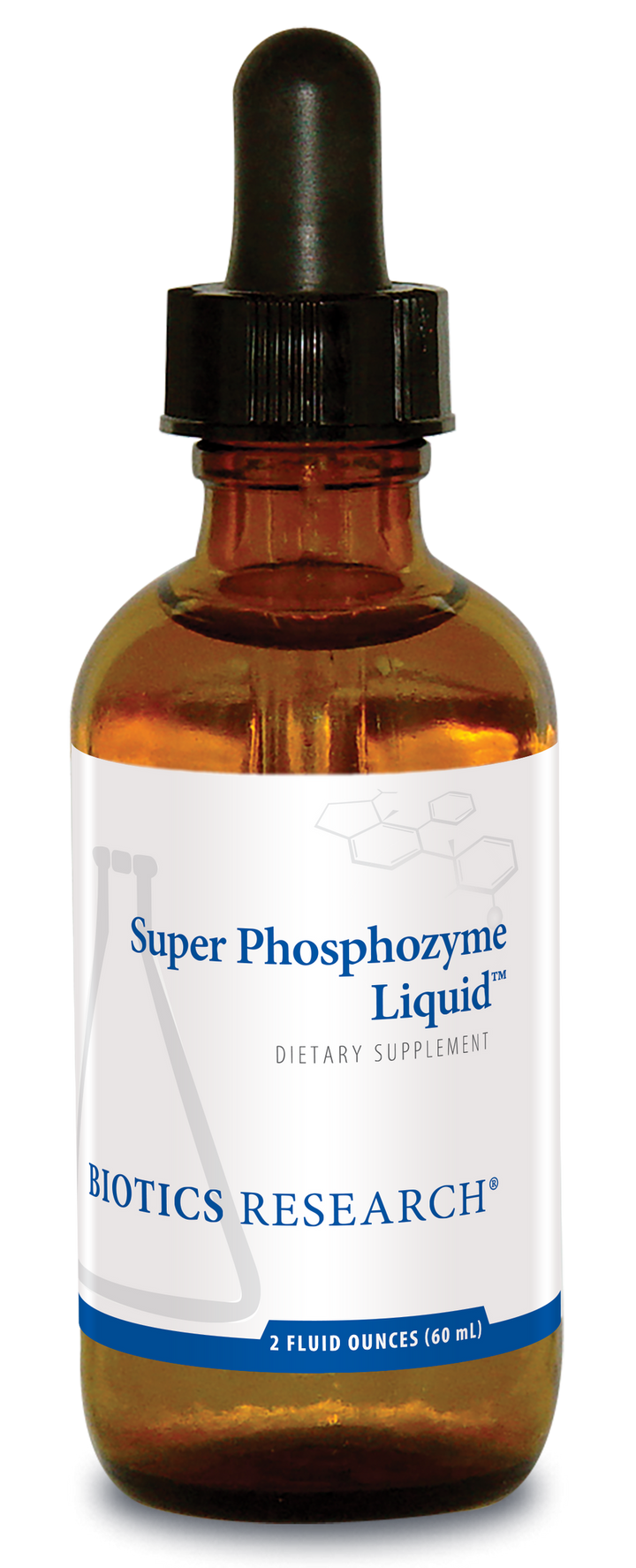 Biotics Research Super Phosphozyme Liquid dietary supplement amber glass dropper bottle featuring white packaging with blue accents, a beaker graphic, and 2 fluid ounces (60 mL) volume.