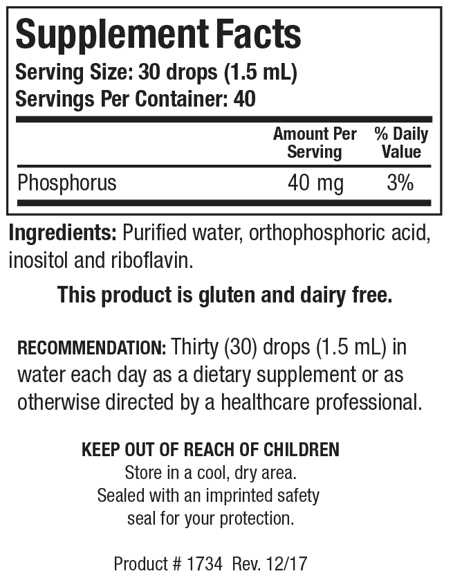 Supplement Facts label for Super Phosphozyme Liquid showing 40 servings per container with a serving size of 30 drops (1.5 mL), detailing 40 mg Phosphorus (3% Daily Value) per serving.