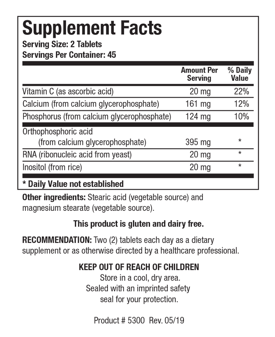Supplement Facts label for Super Phosphozyme showing 45 servings per container with a serving size of 2 tablets, detailing Vitamin C, Calcium, Phosphorus, Orthophosphoric acid, RNA, and Inositol.