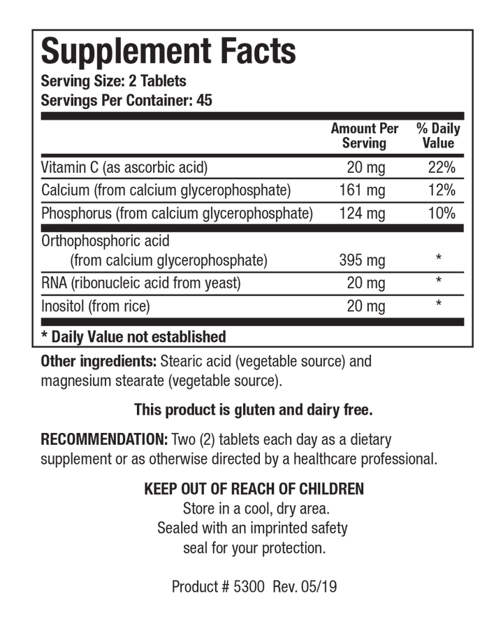 Supplement Facts label for Super Phosphozyme showing 45 servings per container with a serving size of 2 tablets, detailing Vitamin C, Calcium, Phosphorus, Orthophosphoric acid, RNA, and Inositol.