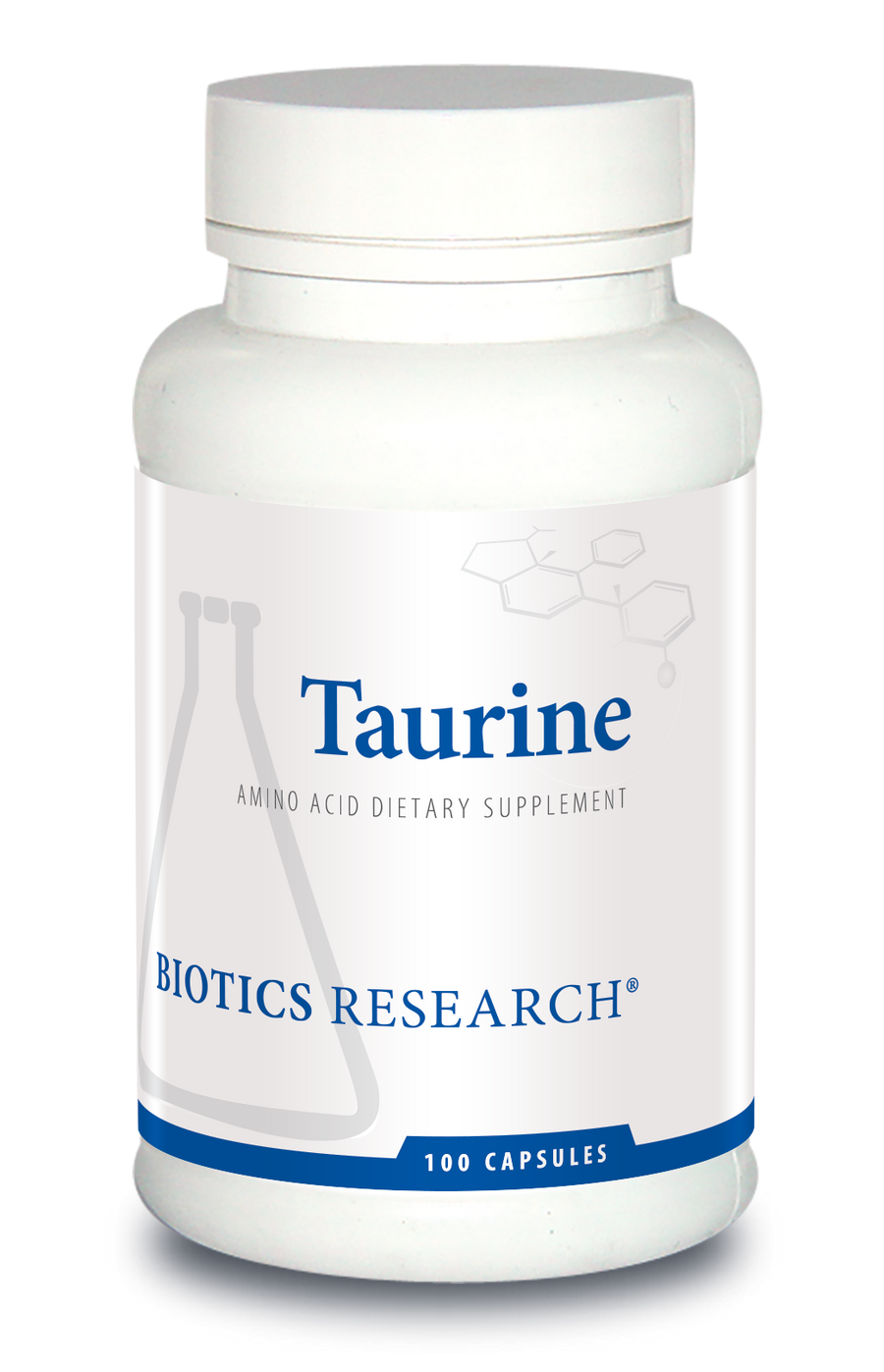 Biotics Research Taurine amino acid dietary supplement bottle featuring white packaging with blue accents, a beaker graphic, and 100 capsules count.