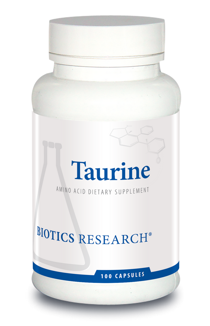 Biotics Research Taurine amino acid dietary supplement bottle featuring white packaging with blue accents, a beaker graphic, and 100 capsules count.