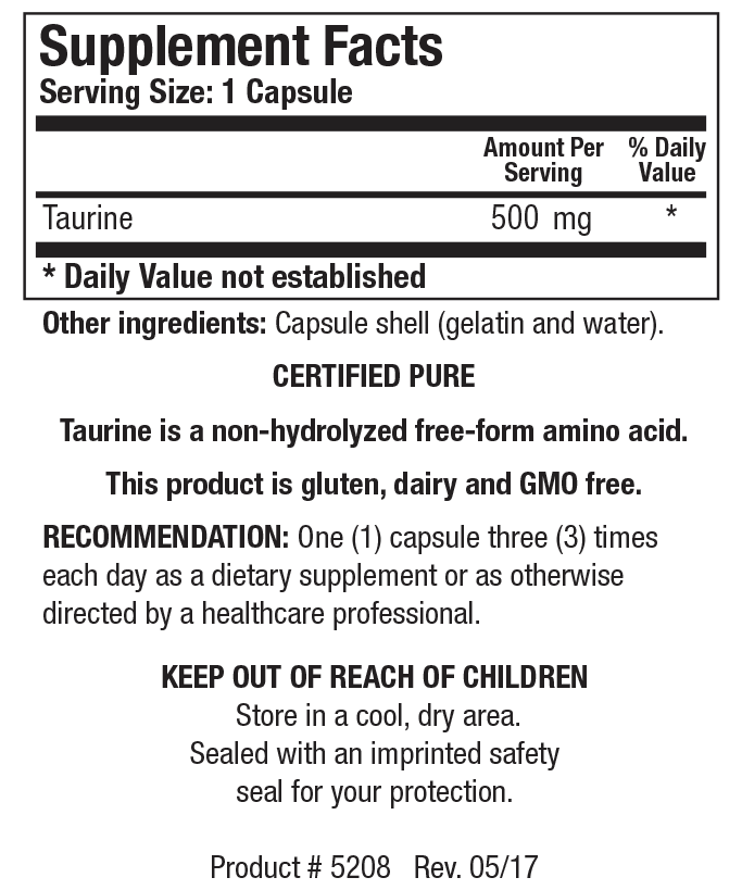 Supplement Facts label for Taurine showing a serving size of 1 capsule, detailing 500 mg Taurine per serving.