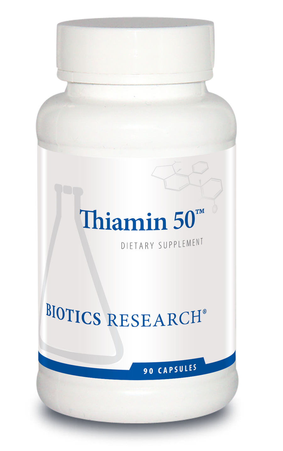 Biotics Research Thiamin 50 dietary supplement bottle featuring white packaging with blue accents, a beaker graphic, and 90 capsules count.