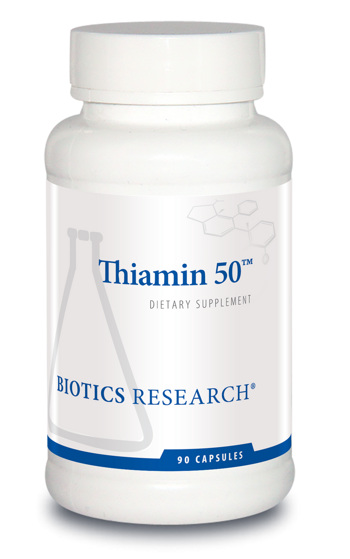 Biotics Research Thiamin 50 dietary supplement bottle featuring white packaging with blue accents, a beaker graphic, and 90 capsules count.
