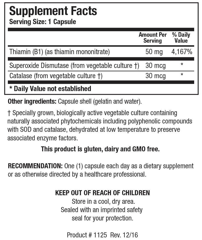Supplement Facts label for Thiamin 50 showing a serving size of 1 capsule, detailing 50 mg Thiamin (B1) (as thiamin mononitrate), 30 mcg Superoxide Dismutase (from vegetable culture), and 30 mcg Catalase (from vegetable culture).