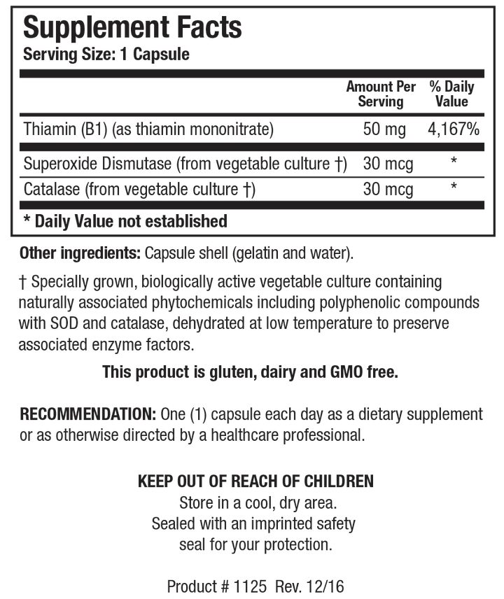 Supplement Facts label for Thiamin 50 showing a serving size of 1 capsule, detailing 50 mg Thiamin (B1) (as thiamin mononitrate), 30 mcg Superoxide Dismutase (from vegetable culture), and 30 mcg Catalase (from vegetable culture).
