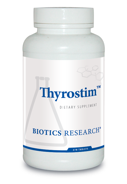 Biotics Research Thyrostim dietary supplement bottle featuring white packaging with blue accents, a beaker graphic, and 270 tablets count.