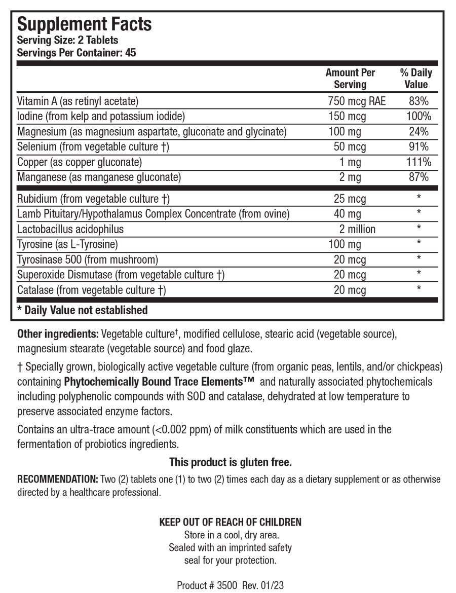 Supplement Facts label for Thyrostim showing 45 servings per container with a serving size of 2 tablets, detailing Vitamin A, Iodine, Magnesium, Selenium, Copper, Manganese, Rubidium, Lamb Pituitary/Hypothalamus Complex Concentrate, Lactobacillus acidophilus, Tyrosine, Tyrosinase 500, Superoxide Dismutase, and Catalase.