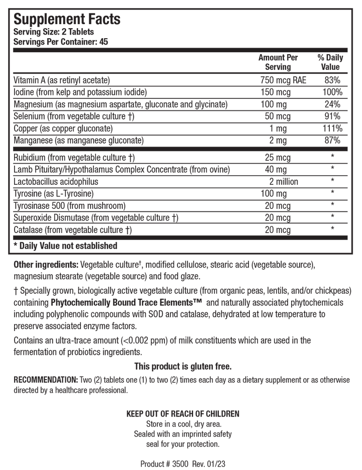 Supplement Facts label for Thyrostim showing 45 servings per container with a serving size of 2 tablets, detailing Vitamin A, Iodine, Magnesium, Selenium, Copper, Manganese, Rubidium, Lamb Pituitary/Hypothalamus Complex Concentrate, Lactobacillus acidophilus, Tyrosine, Tyrosinase 500, Superoxide Dismutase, and Catalase.