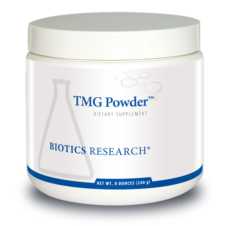 Biotics Research TMG Powder dietary supplement tub featuring white packaging with blue accents, a beaker graphic, and a net weight of 8 ounces (240 g).