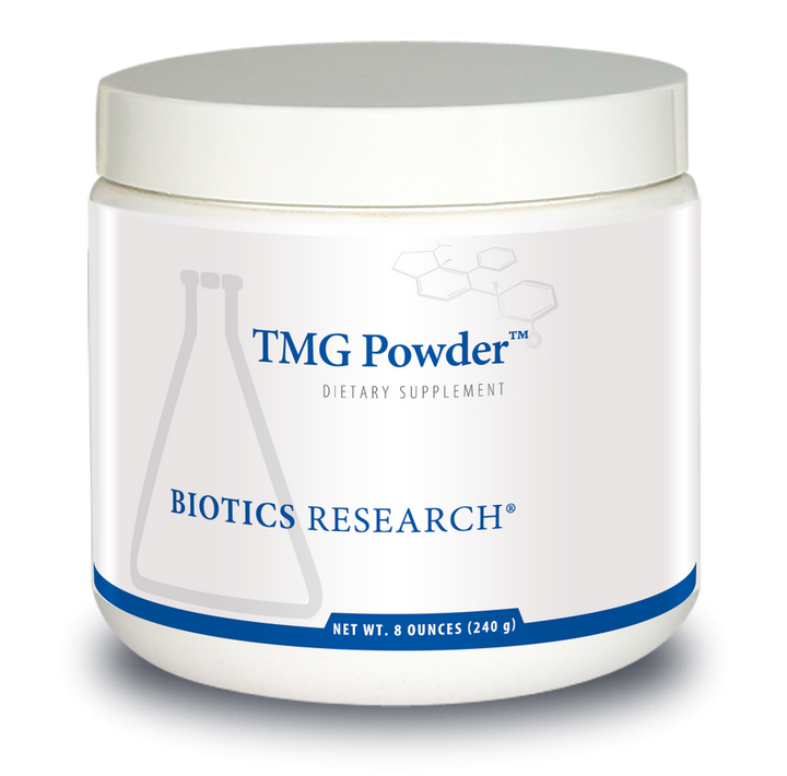 Biotics Research TMG Powder dietary supplement tub featuring white packaging with blue accents, a beaker graphic, and a net weight of 8 ounces (240 g).