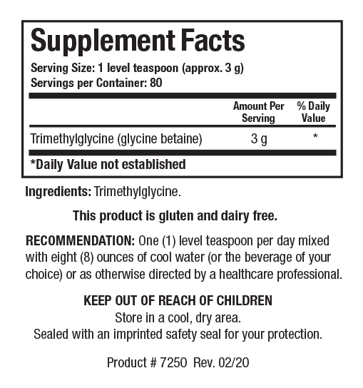 Supplement Facts label for TMG Powder showing 80 servings per container with a serving size of 1 level teaspoon (approx. 3 g), detailing 3 g of Trimethylglycine (glycine betaine) per serving.