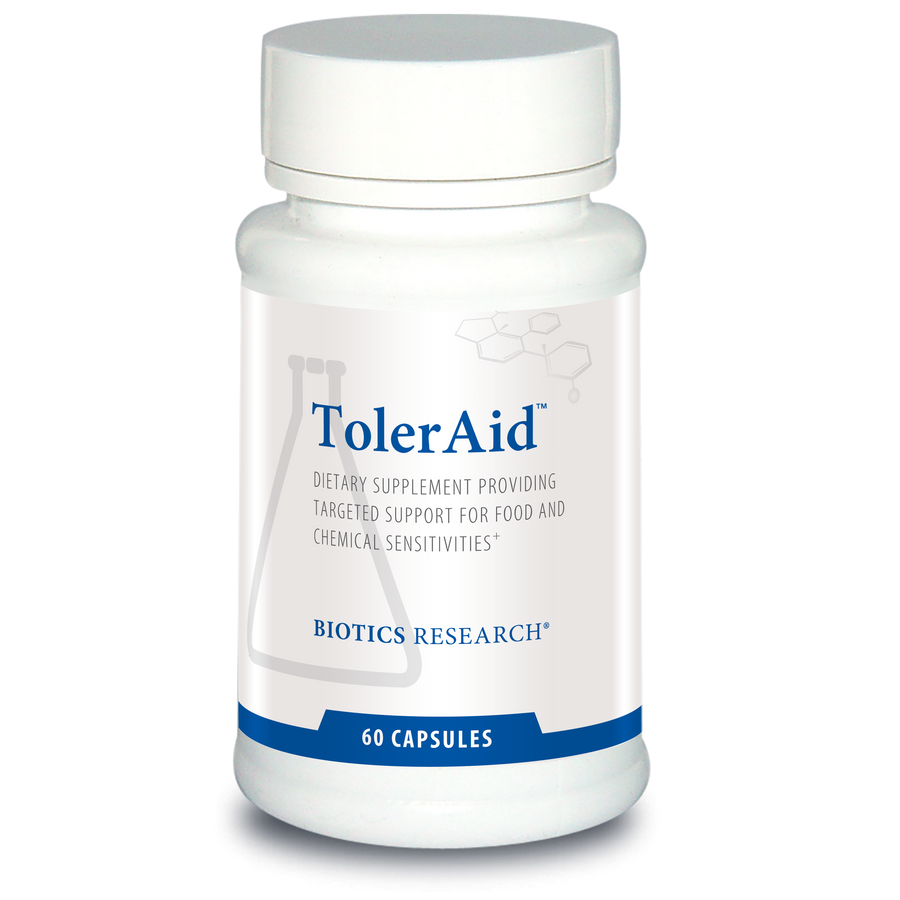 Biotics Research TolerAid dietary supplement bottle featuring white packaging with blue accents, a beaker graphic, and 60 capsules count, labeled for food and chemical sensitivities support.