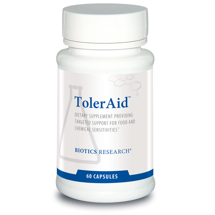 Biotics Research TolerAid dietary supplement bottle featuring white packaging with blue accents, a beaker graphic, and 60 capsules count, labeled for food and chemical sensitivities support.