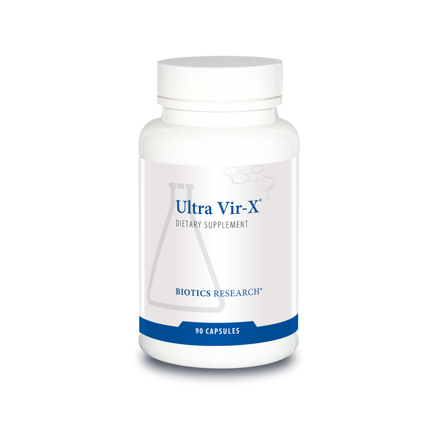 Biotics Research Ultra Vir-X dietary supplement bottle featuring white packaging with blue accents, a beaker graphic, and 90 capsules count.