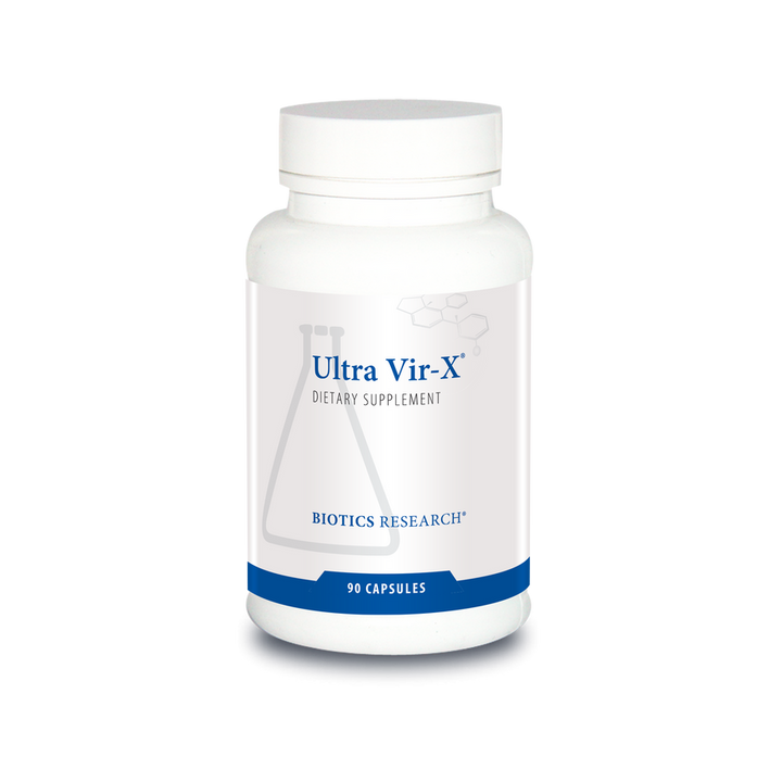 Biotics Research Ultra Vir-X dietary supplement bottle featuring white packaging with blue accents, a beaker graphic, and 90 capsules count.