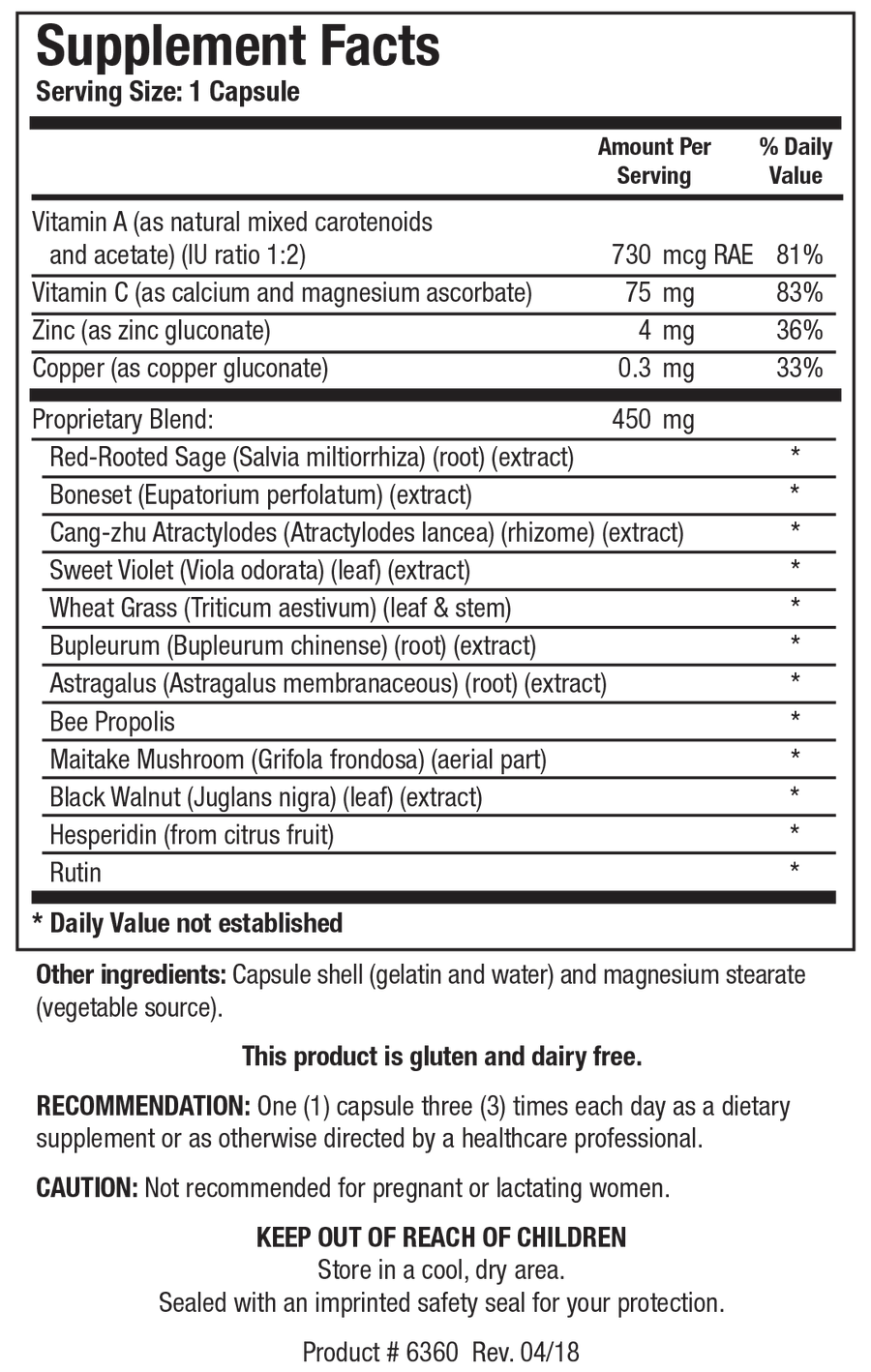 Supplement Facts label for Ultra Vir-X showing a serving size of 1 capsule, detailing 730 mcg RAE Vitamin A, 75 mg Vitamin C, 4 mg Zinc, 0.3 mg Copper, and a 450 mg Proprietary Blend containing Red-Rooted Sage, Boneset, Cang-zhu Atractylodes, Sweet Violet, Wheat Grass, Bupleurum, Astragalus, Bee Propolis, Maitake Mushroom, Black Walnut, Hesperidin, and Rutin.