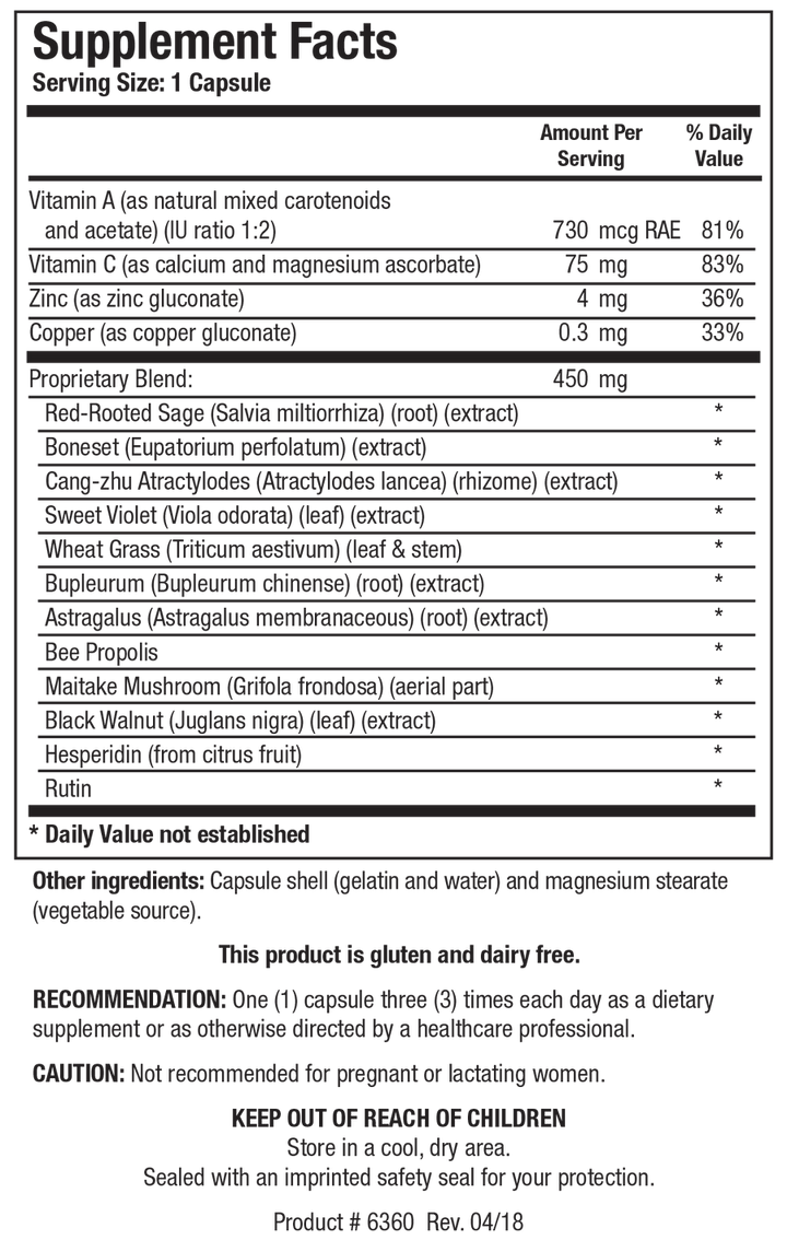 Supplement Facts label for Ultra Vir-X showing a serving size of 1 capsule, detailing 730 mcg RAE Vitamin A, 75 mg Vitamin C, 4 mg Zinc, 0.3 mg Copper, and a 450 mg Proprietary Blend containing Red-Rooted Sage, Boneset, Cang-zhu Atractylodes, Sweet Violet, Wheat Grass, Bupleurum, Astragalus, Bee Propolis, Maitake Mushroom, Black Walnut, Hesperidin, and Rutin.