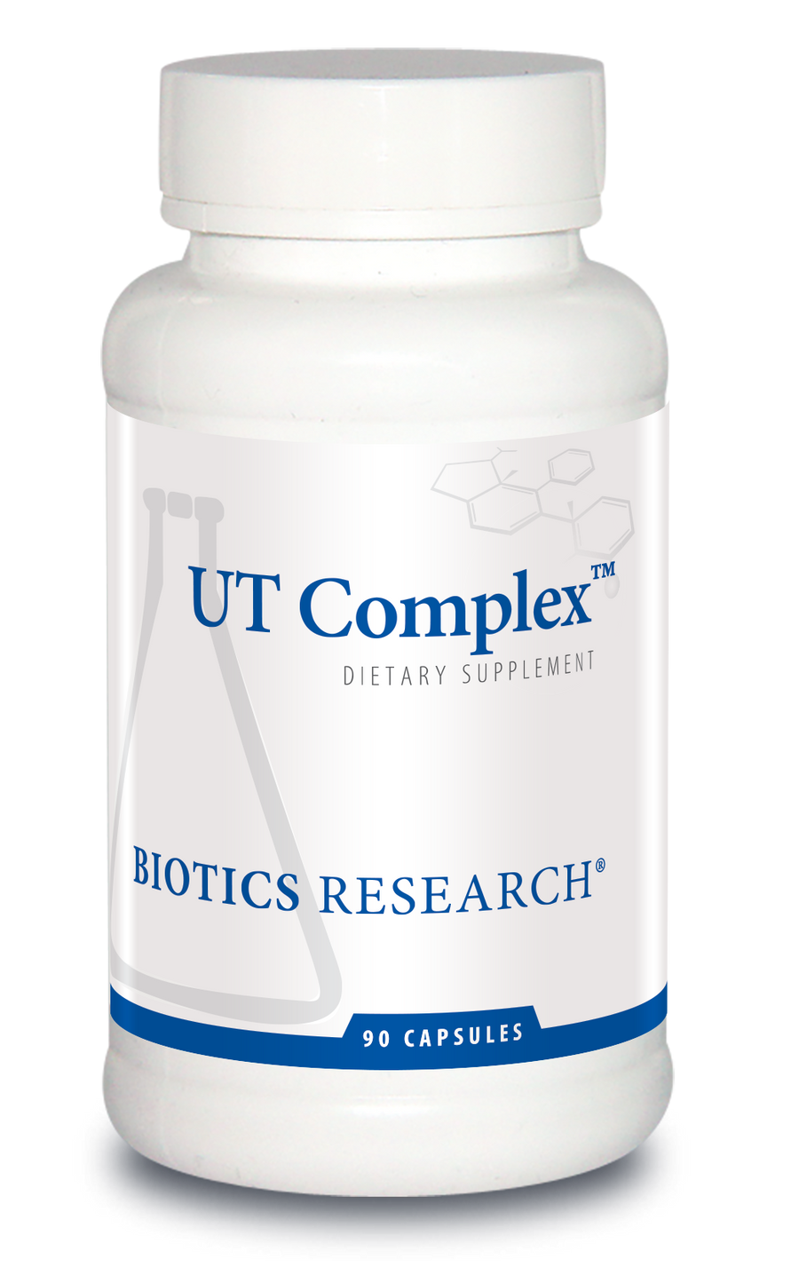Biotics Research UT Complex dietary supplement bottle featuring white packaging with blue accents, a beaker graphic, and 90 capsules count.