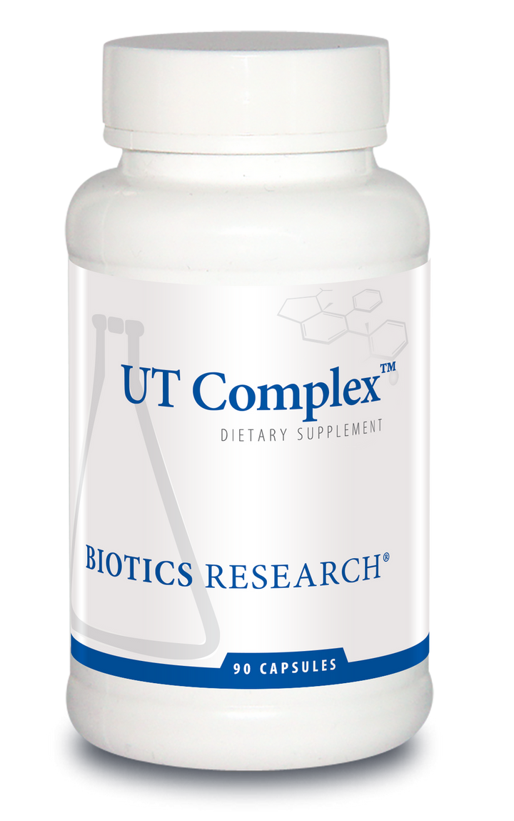Biotics Research UT Complex dietary supplement bottle featuring white packaging with blue accents, a beaker graphic, and 90 capsules count.