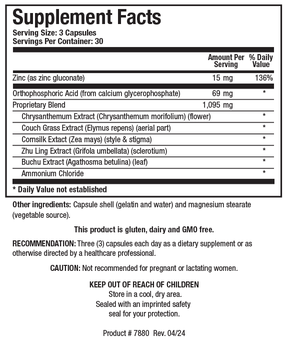 Supplement Facts label for UT Complex showing 30 servings per container with a serving size of 3 capsules, detailing 15 mg Zinc, 69 mg Orthophosphoric Acid, and a 1,095 mg Proprietary Blend containing Chrysanthemum Extract, Couch Grass Extract, Cornsilk Extract, Zhu Ling Extract, Buchu Extract, and Ammonium Chloride.
