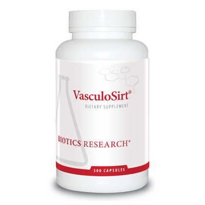 Biotics Research VasculoSirt dietary supplement bottle featuring white packaging with red accents, a beaker graphic, and 150 capsules count. i