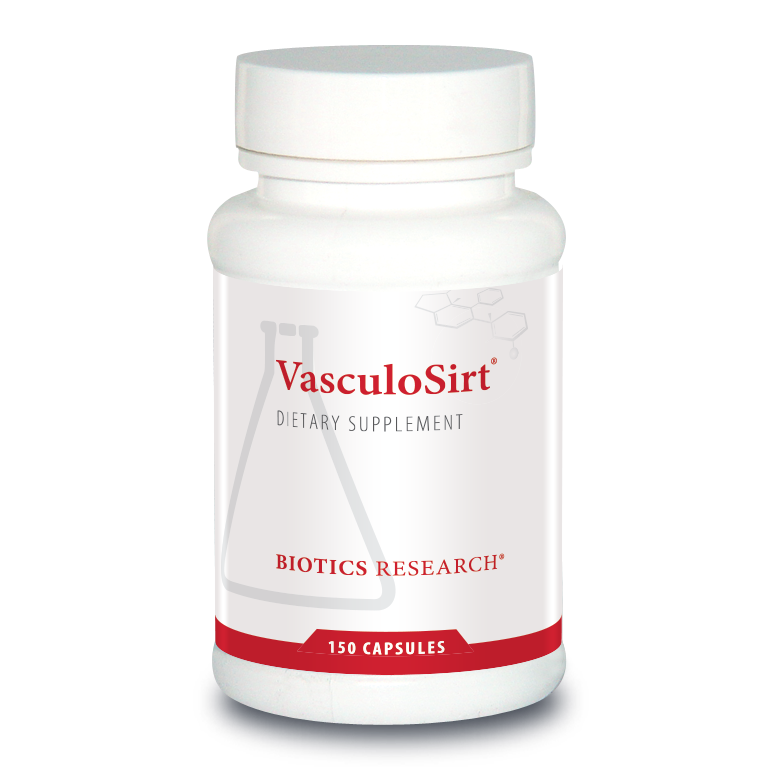 Biotics Research VasculoSirt dietary supplement bottle featuring white packaging with red accents, a beaker graphic, and 150 capsules count.