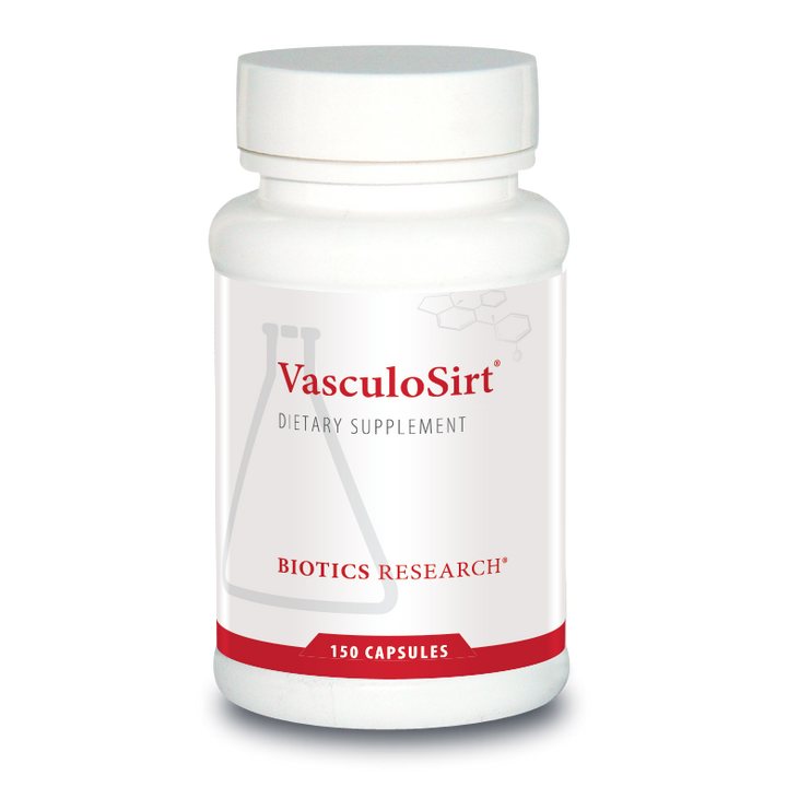 Biotics Research VasculoSirt dietary supplement bottle featuring white packaging with red accents, a beaker graphic, and 150 capsules count.