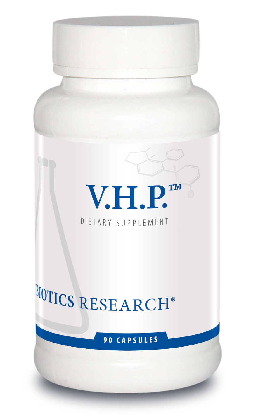 Biotics Research V.H.P. dietary supplement bottle featuring white packaging with blue accents, a beaker graphic, and 90 capsules count.