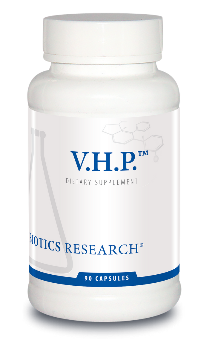 Biotics Research V.H.P. dietary supplement bottle featuring white packaging with blue accents, a beaker graphic, and 90 capsules count.
