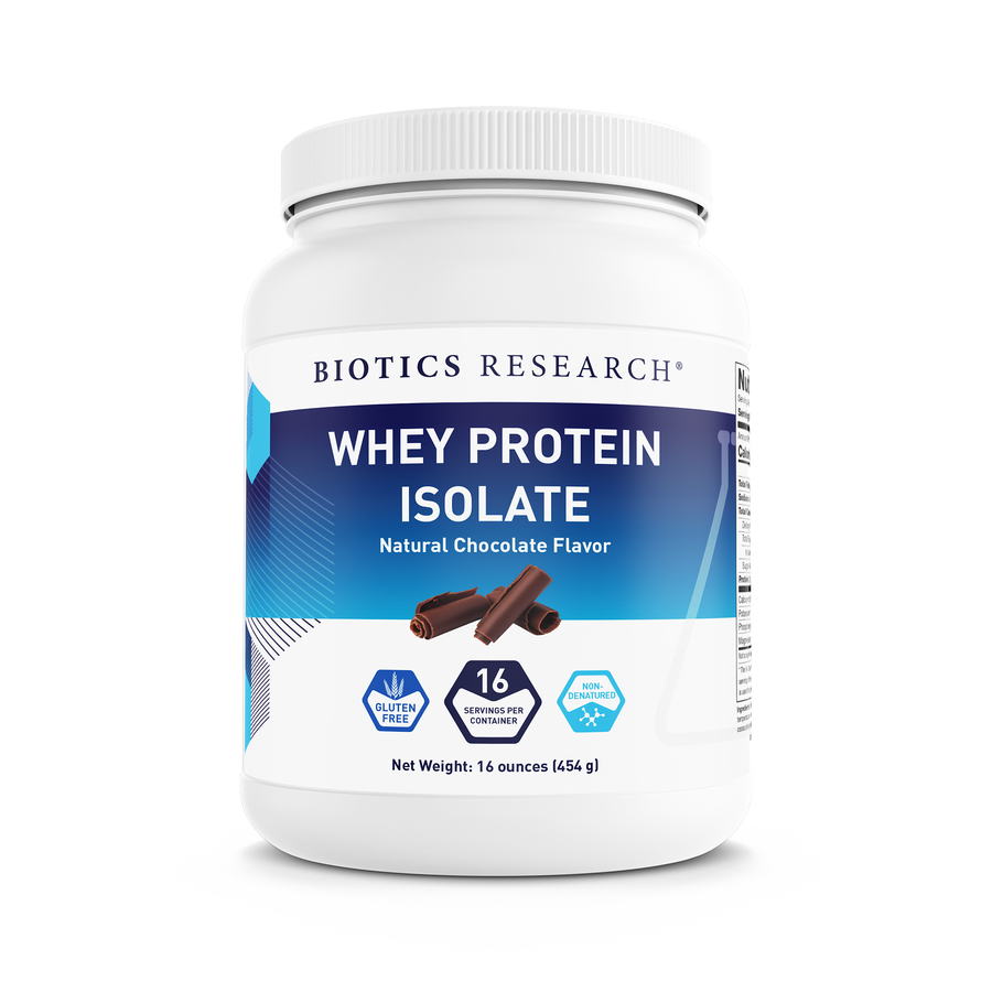 Biotics Research Whey Protein Isolate Natural Chocolate Flavor powder tub featuring chocolate shavings graphics, gluten-free and non-GMO icons, and a net weight of 16 ounces (454 g).