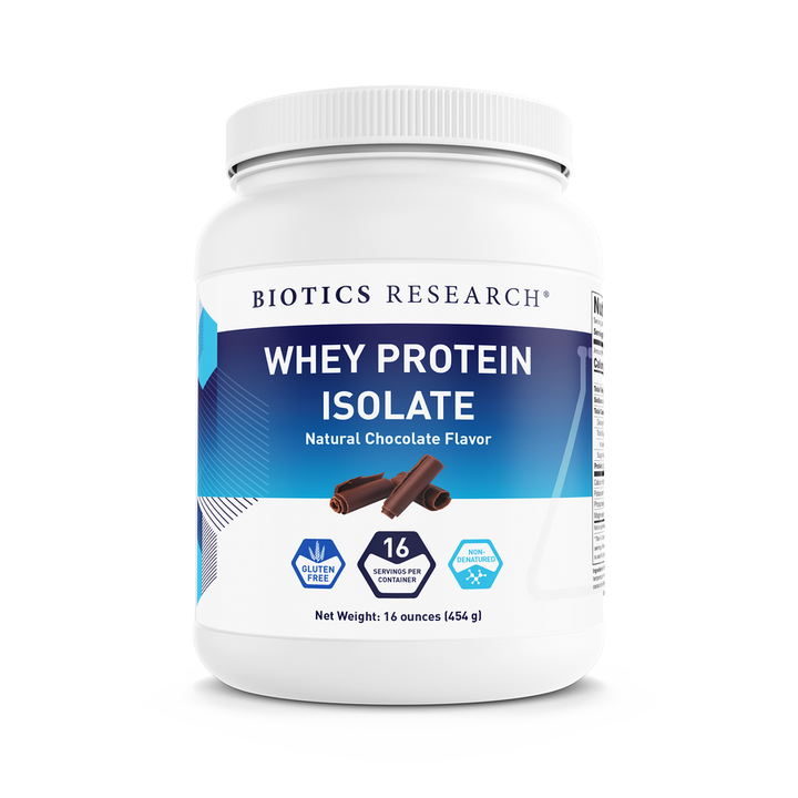 Biotics Research Whey Protein Isolate Natural Chocolate Flavor powder tub featuring chocolate shavings graphics, gluten-free and non-GMO icons, and a net weight of 16 ounces (454 g).