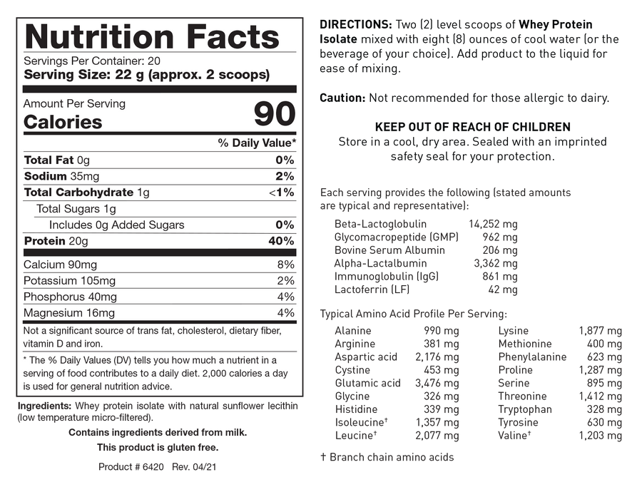 Nutrition Facts label for unflavored whey protein isolate showing 20 servings per container and a serving size of 22 g (approx. 2 scoops), detailing 90 calories, 0g Total Fat, 35mg Sodium, 1g Total Carbohydrate, 1g Total Sugars, 20g Protein, along with Calcium, Potassium, Phosphorus, and Magnesium.