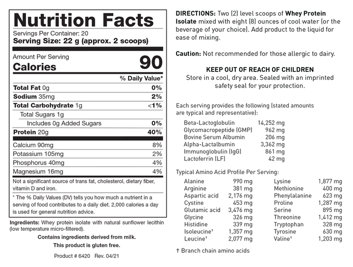 Nutrition Facts label for unflavored whey protein isolate showing 20 servings per container and a serving size of 22 g (approx. 2 scoops), detailing 90 calories, 0g Total Fat, 35mg Sodium, 1g Total Carbohydrate, 1g Total Sugars, 20g Protein, along with Calcium, Potassium, Phosphorus, and Magnesium.